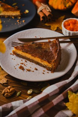 Ev yapımı balkabaklı peynirli kek. Gri tabakta krem şanti ile süslenmiş. seçici odak, beyaz desenli arkaplan