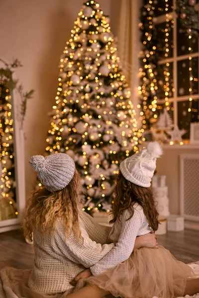 Takaisin Näkymä Äiti Tytär Neulotut Hatut Tarkastella Paistaa Joulukuusi Talvella — kuvapankkivalokuva