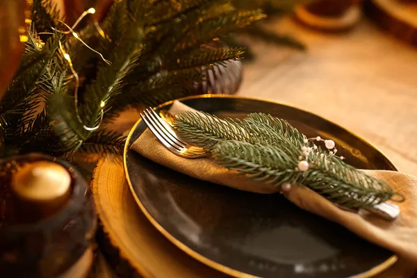 Christmas Table Setting Holiday Decorations Decor New Year Celebration — Stock Photo, Image