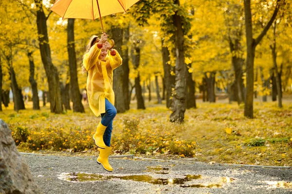 Happy Child Girl Umbrella Rubber Boots Jumping Puddle Autumn Walk — Stock Photo, Image