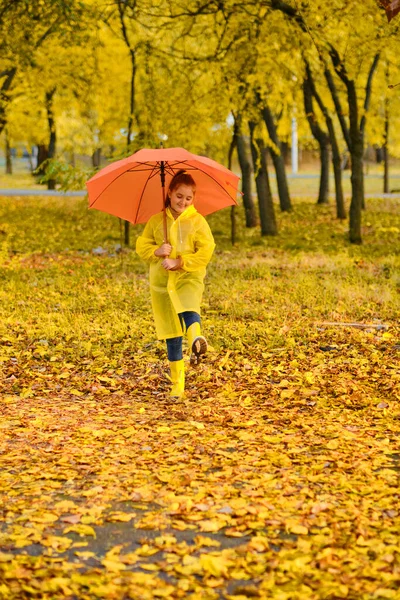 Happy Child Girl Umbrella Rubber Boots Autumn Walk — Stock Photo, Image