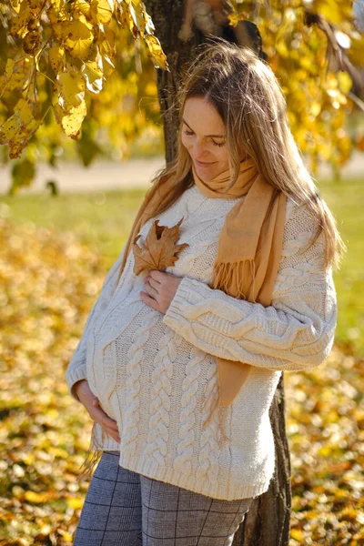 Attraktiv Ung Gravid Kvinna Med Löv Som Håller Magen Höstparken — Stockfoto