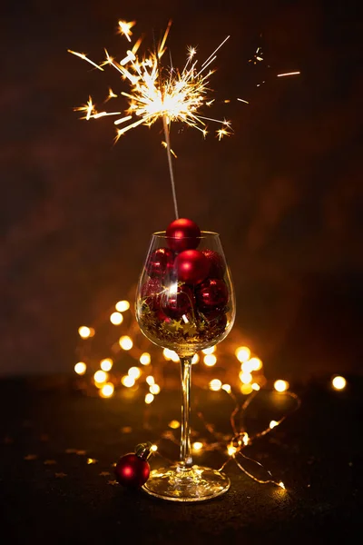 Happy New Year Burning Bengal Firework Wine Glass Red Christmas — Stock Photo, Image