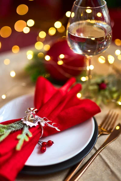 Traditional Christmas Table Place Setting Close Golden Cutlery Linen Napkin Royalty Free Stock Images