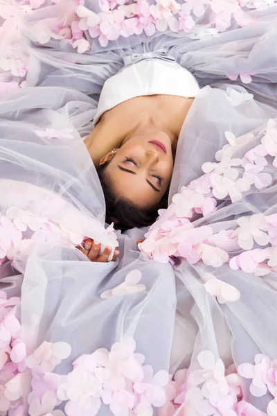 Beautiful Cute Girl Luxurious Dress Lying Decorated Bed Romantic Interior — Stock Photo, Image