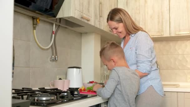 怀孕的妈妈和孩子一起玩耍在厨房里拥抱母亲和儿子在家里吃早餐的时候分享着美好的感情 — 图库视频影像