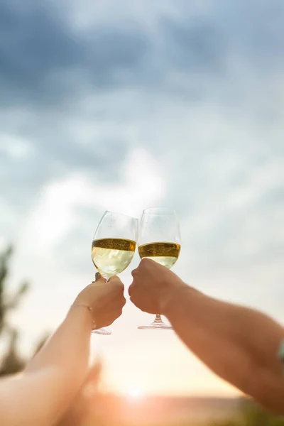 Romantic Couple Toasting Wine Glasses Outdoors Beautiful Woman Clinking Wine — Stock Photo, Image