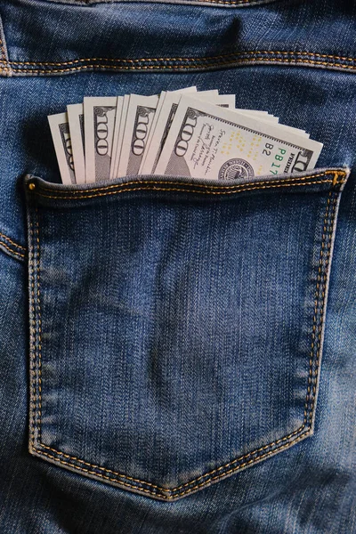 Jeans Pocket Money Close Blue Jeans Pocket Hundred Dollars Banknotes — Stock Photo, Image