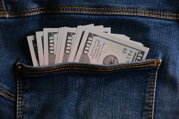 Jeans Pocket Money Close Blue Jeans Pocket Hundred Dollars Banknotes — Stock Photo, Image