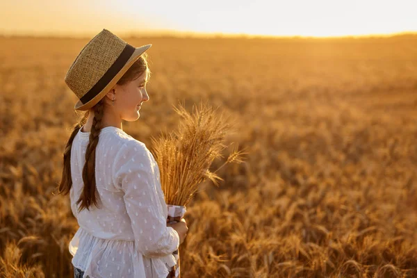 Orecchie Oro Nelle Mani Una Ragazza Una Bambina Trova Campo — Foto Stock