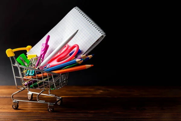 Shopping Cart Full Stationery Office Supplies Dark Background Back School — Stock Photo, Image