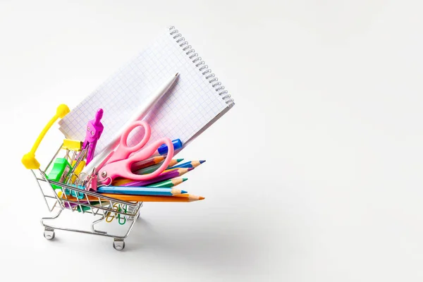 Shopping Trolley Filled Multicolored School Supplies Isolated White Background Back — Stock Photo, Image