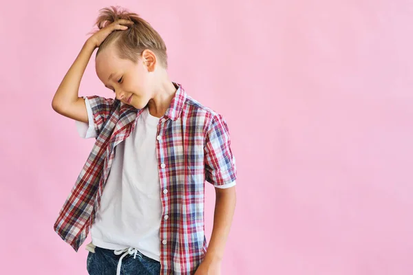 Young Happy Boy Dressed Jeans White Shirt Plaid Shirt Isolated — Foto de Stock