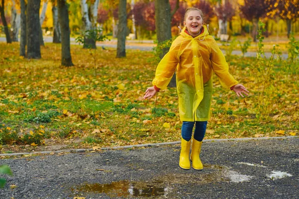 Happy Girl Yellow Raincoat Rubber Boots Playing Autumn Walk Kid — Stock Photo, Image