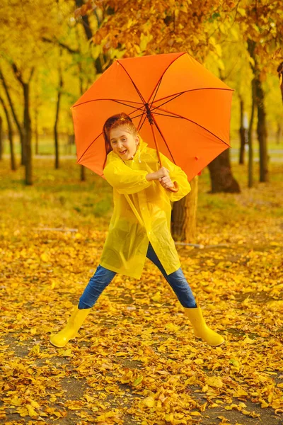 Happy Child Rain Funny Kid Playing Jumping Having Fun Enjoying — Stock Photo, Image