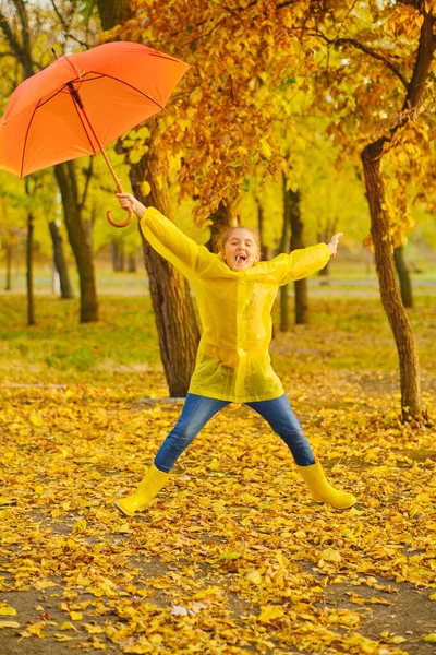 Happy Child Rain Funny Kid Playing Jumping Having Fun Enjoying — Stock Photo, Image