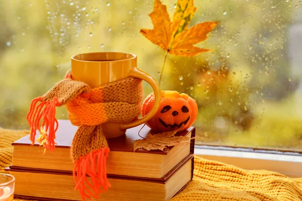 Olá Outubro Feliz Halloween Fundo Com Livros Xícara Chá Abóbora — Fotografia de Stock