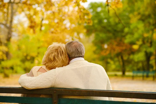 Back view of senior couple sitting on the bench in the park together enjoying retirement