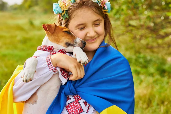 Ukrainian Little Girl National Clothes Covered Blue Yellow Flag Hugs — Stock Photo, Image