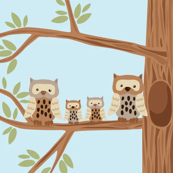 Owl Family on the Tree — Stock Vector