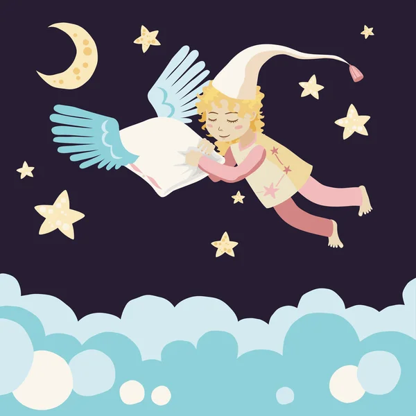 Спящая девочка с летающей подушкой — стоковый вектор