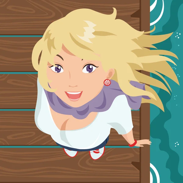 Smiling Girl on the Wooden Pier — Stock Vector
