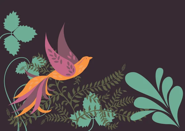Oiseau unique orange en feuilles vertes — Image vectorielle