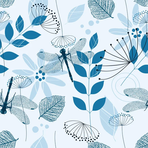 Vector Seamless Pattern of Blue Flowers and Leaves — Stock Vector