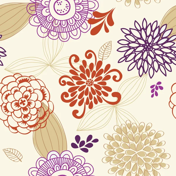 Vector Seamless Pattern of Flowers and Leaves — Stock Vector