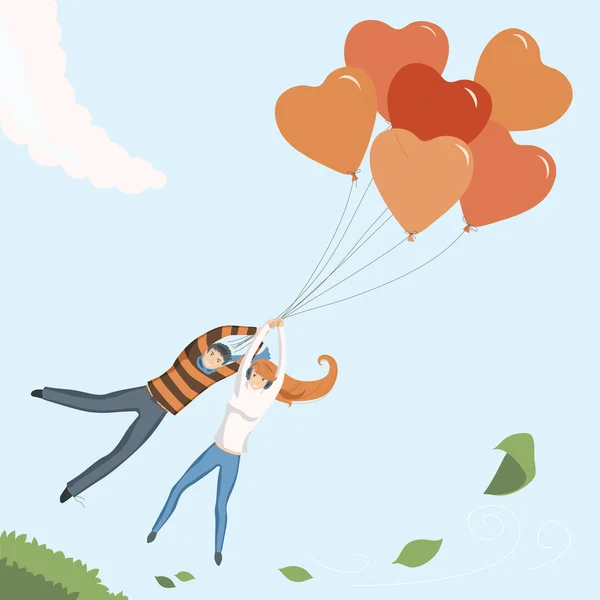 Couple Flying by Heart Balloon — Stock Vector