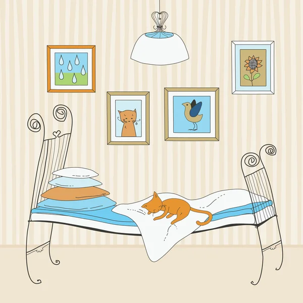 Cat Sleeping on Bed — Stock Vector