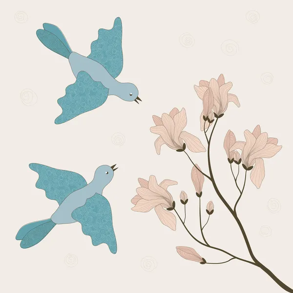 Dos pájaros y rama floreciente — Archivo Imágenes Vectoriales