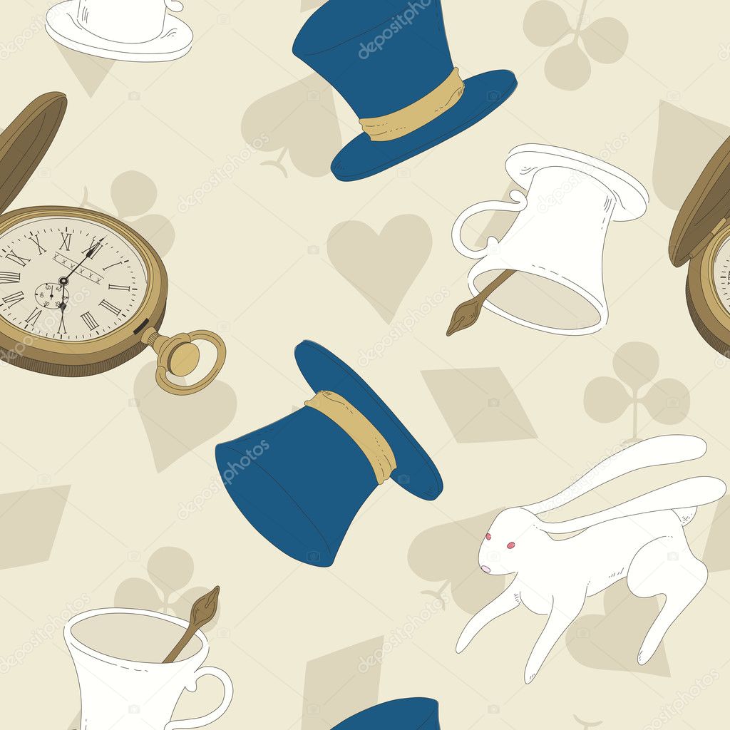 Vector Seamless Pattern with Top Hat, Rabbit, Watch and Cup