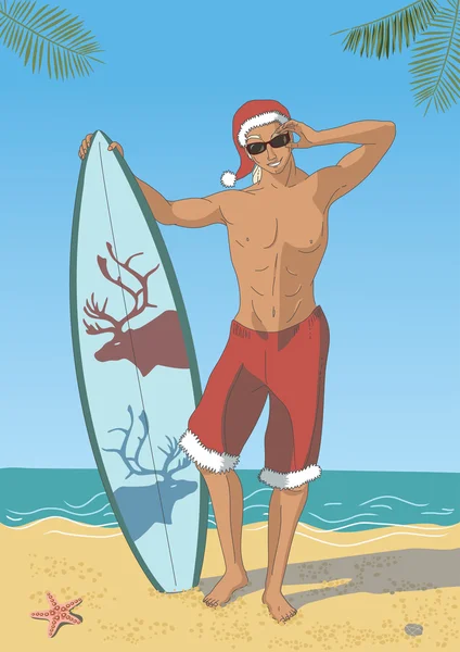 Surfista atraente em Santa 's Cap — Vetor de Stock
