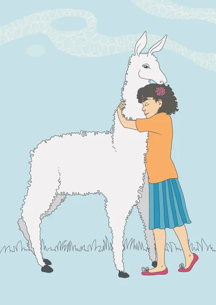 Menina e alpaca — Vetor de Stock