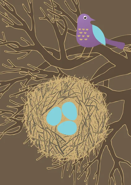 Vogel nest en drie eieren — Stockvector