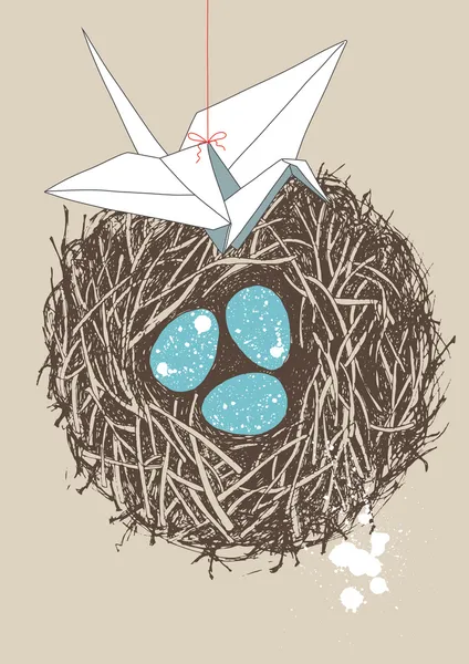 Eieren in nest en papier kraan — Stockvector