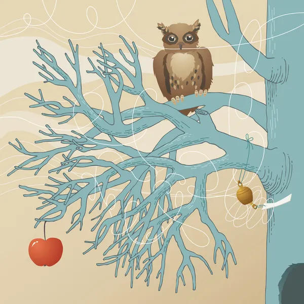 Hibou sur arbre bleu — Image vectorielle
