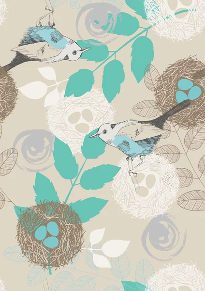 Motif sans couture avec des oiseaux et des feuilles — Image vectorielle