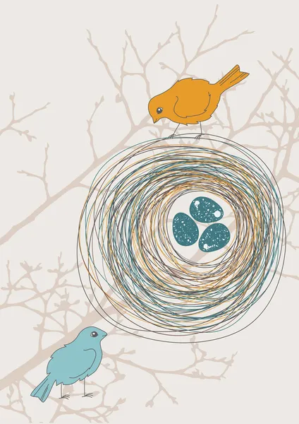 Twee vogels en nest — Stockvector