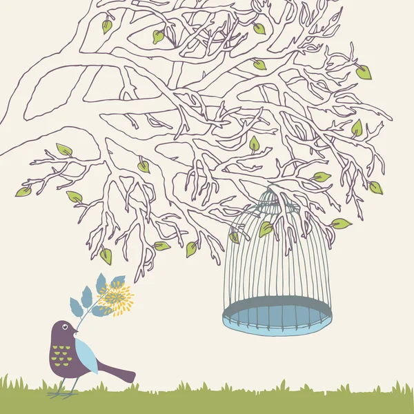 Деревянная ветвь и клетка для птиц — стоковый вектор
