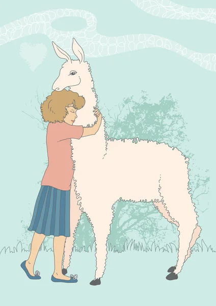 Girl and Alpaca — Stock Vector