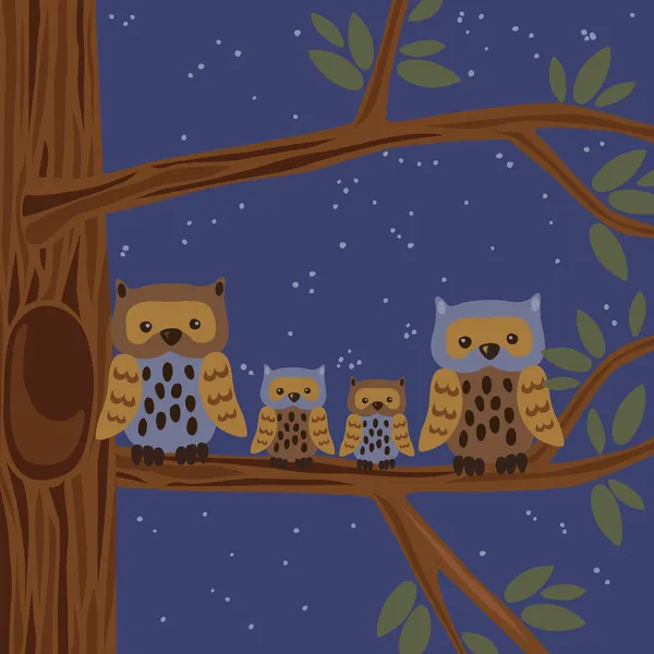 Owl Family on the Tree — Stock Vector