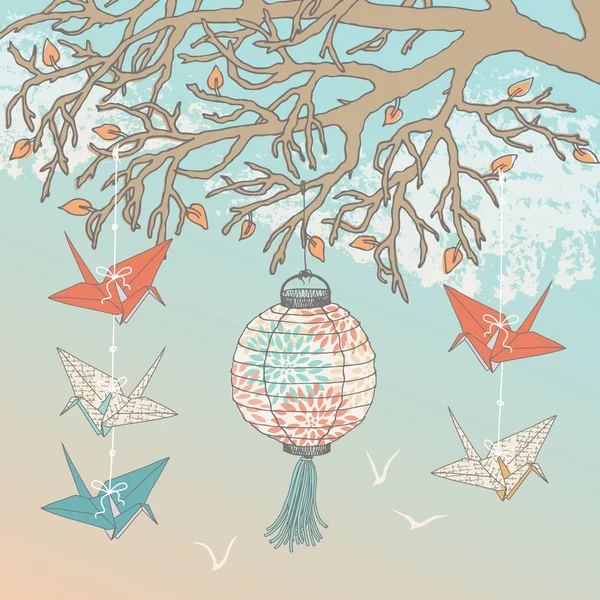 Paper Cranes and Paper Lantern — Stock Vector