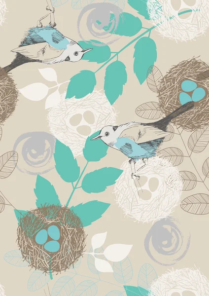 Sömlöst mönster med fåglar och blad — Stock vektor