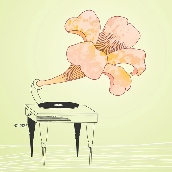 Gramophone avec trompette aux fleurs — Image vectorielle