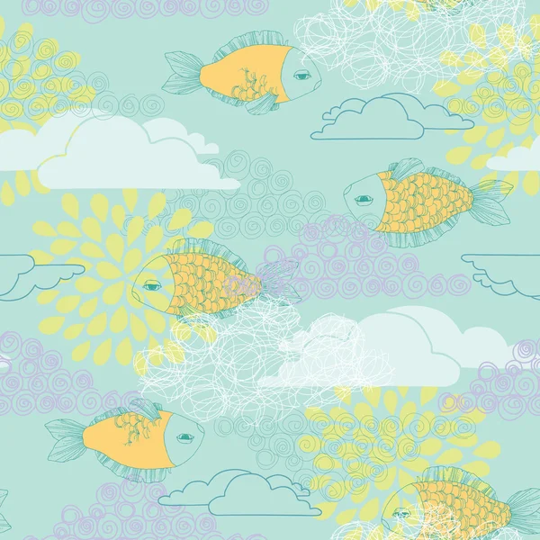Seamless Pattern with Fishes and Clouds — Stock Vector
