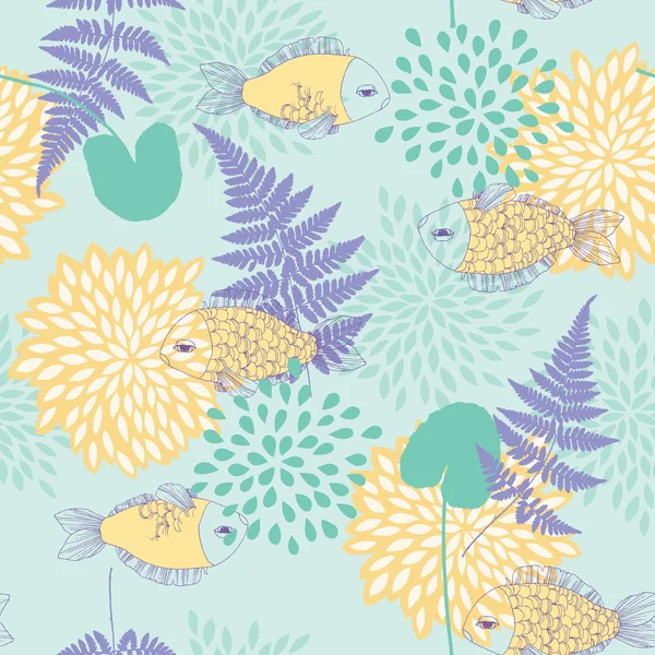 魚や葉とのシームレスなパターン — ストックベクタ