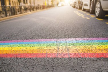 Yol yüzeyinde gökkuşağı renkli şerit - yaya geçidi işareti - hoşgörü