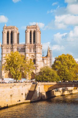 Güneşli bir günde Notre Dame de Paris ve Cite adasının dış görünüşü